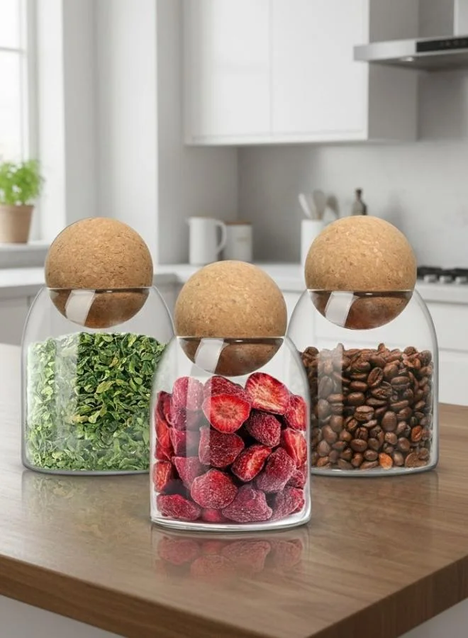 كازا كيسيرا مجموعة أوعية تخزين زجاجية  مل بثلاث قطع بأغطية فلين طبيعية أنيقة للمطبخ